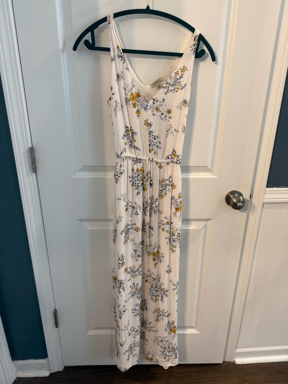 Lucky Brand White Maxi Dress with Navy & Yellow Floral Print